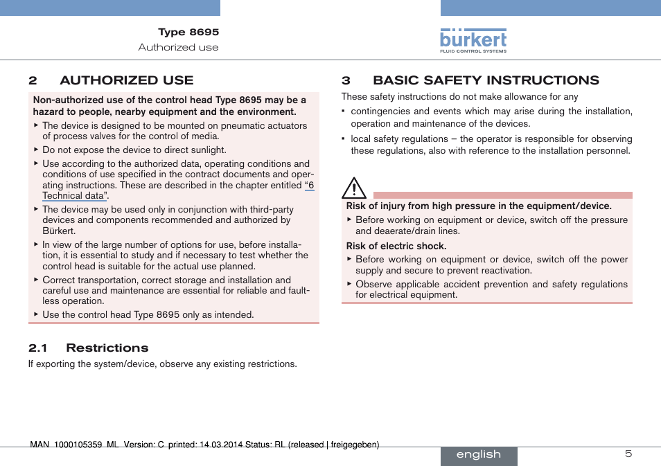 2 authorized use, 1 restrictions, 3 basic safety instructions | Burkert Type 8695 User Manual | Page 5 / 76