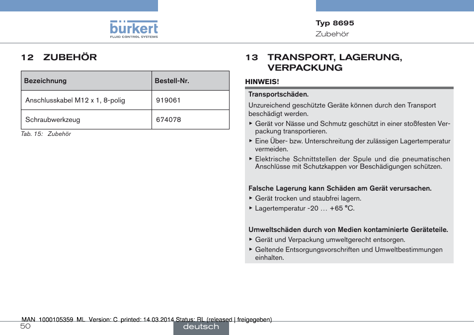 12 zubehör, 13 transport, lagerung, verpackung | Burkert Type 8695 User Manual | Page 50 / 76