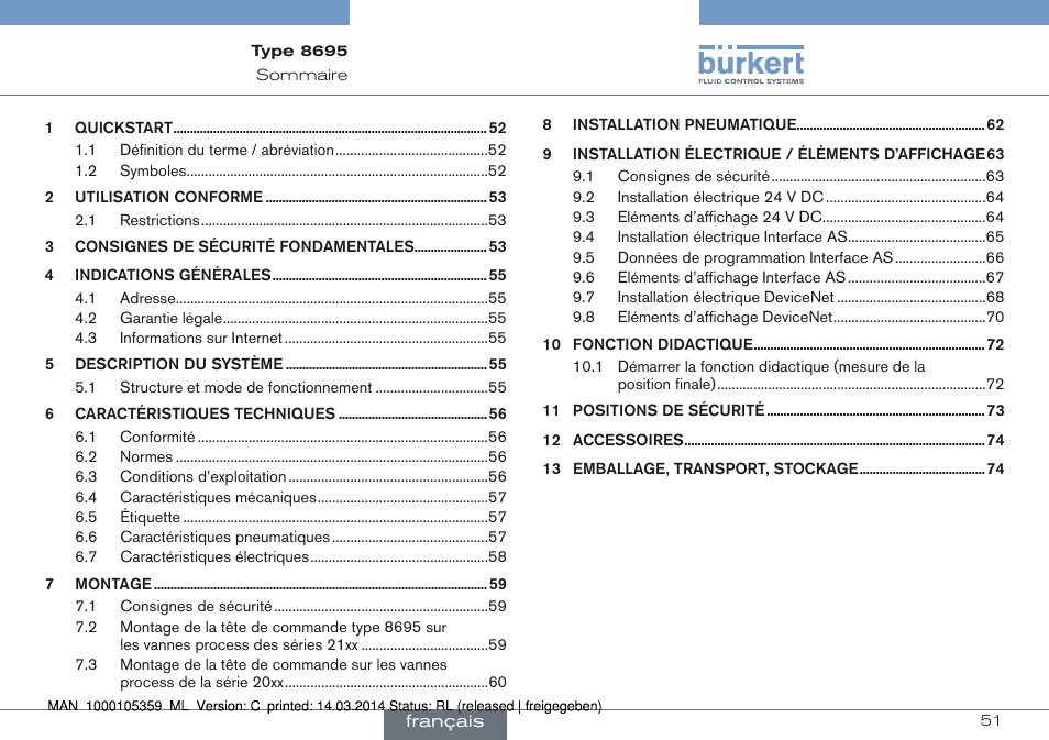 Français | Burkert Type 8695 User Manual | Page 51 / 76