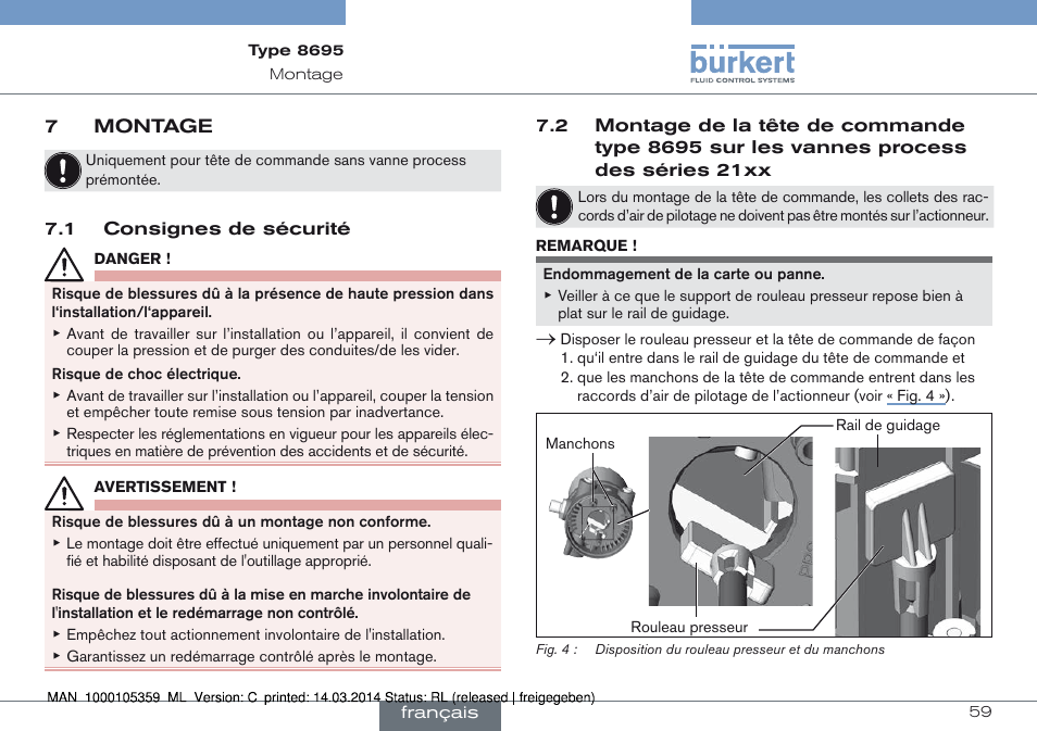 7 montage, Les vannes process des séries 21xx | Burkert Type 8695 User Manual | Page 59 / 76