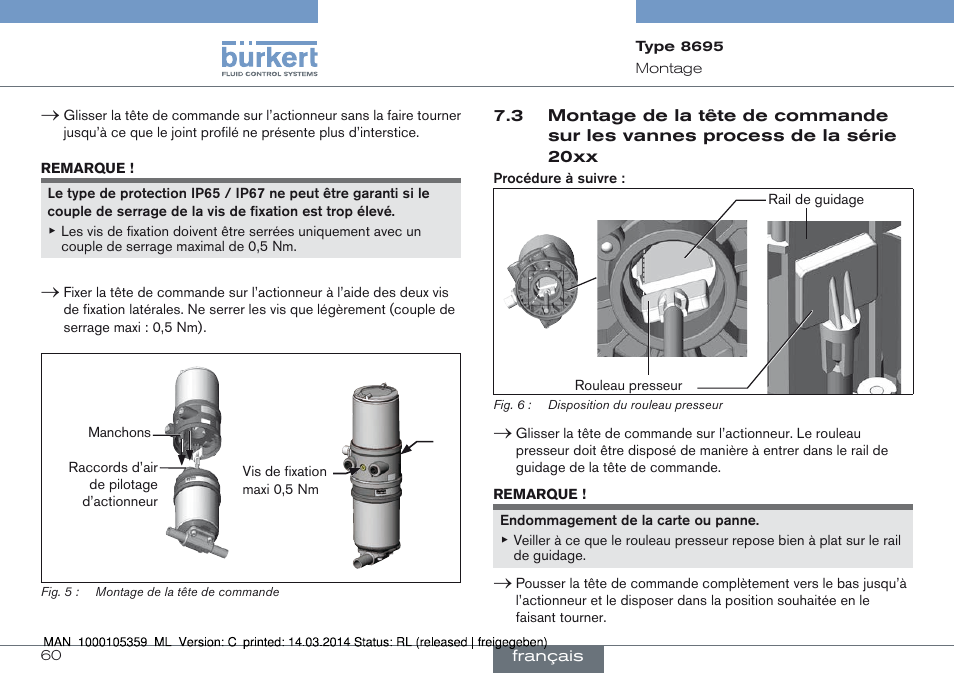 3 montage de la tête de commande sur les vannes, Process de la série 20xx | Burkert Type 8695 User Manual | Page 60 / 76