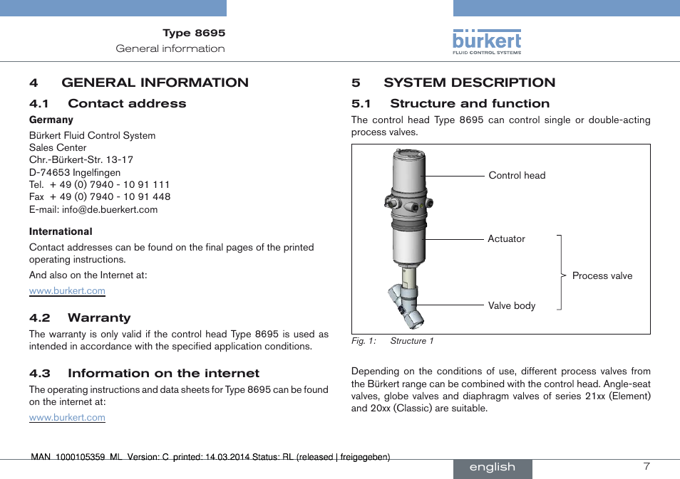 4 general information, 5 system description, 1 structure and function | Burkert Type 8695 User Manual | Page 7 / 76