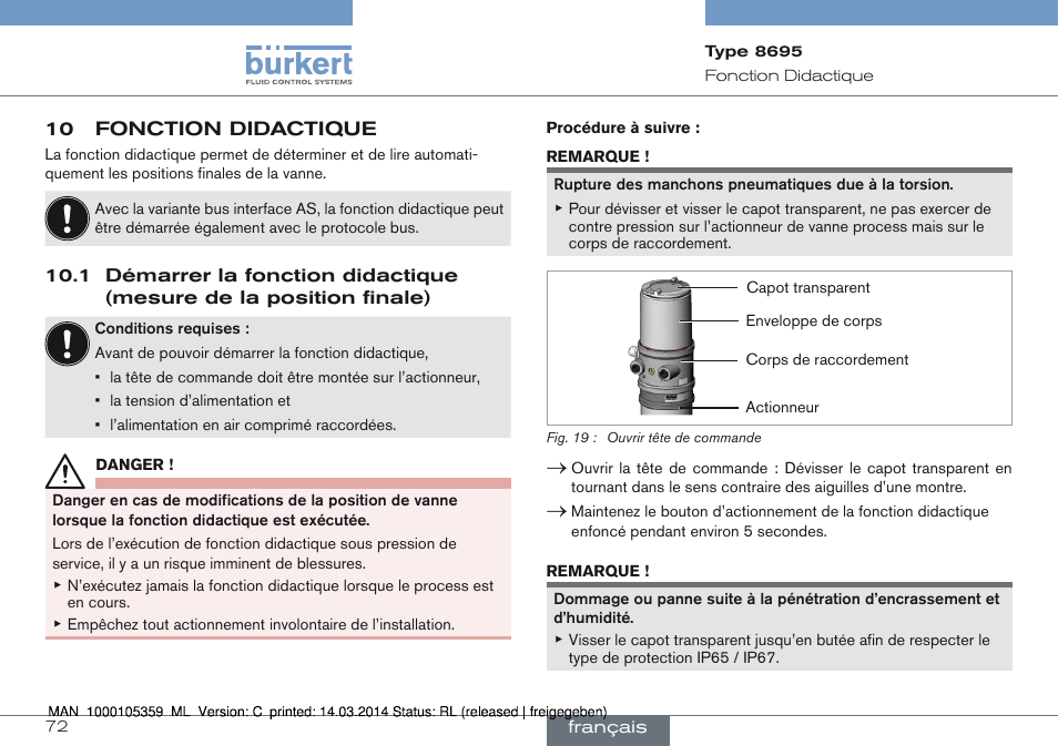 10 fonction didactique, 1 démarrer la fonction didactique (mesure de la, Position finale) | Burkert Type 8695 User Manual | Page 72 / 76