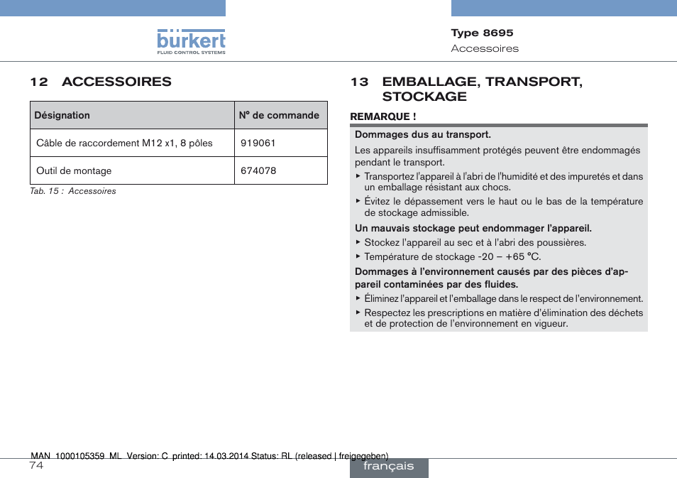 12 accessoires, 13 emballage, transport, stockage | Burkert Type 8695 User Manual | Page 74 / 76