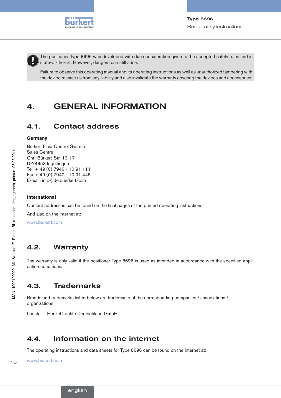 General information, Contact address, Warranty | Trademarks, Information on the internet | Burkert Type 8696 User Manual | Page 10 / 154