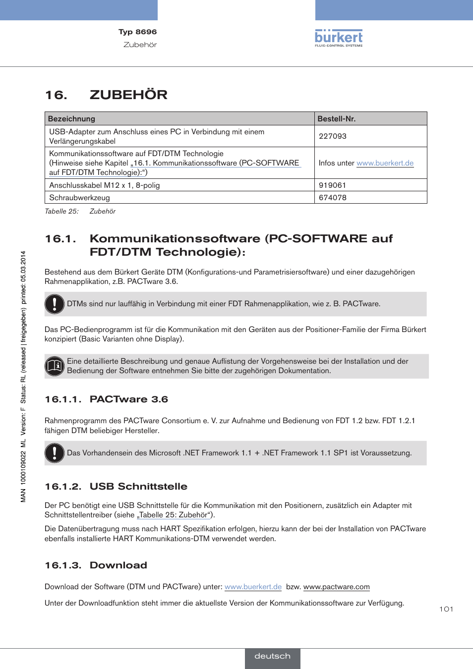 Zubehör, Pactware 3.6, Usb schnittstelle | Download | Burkert Type 8696 User Manual | Page 101 / 154