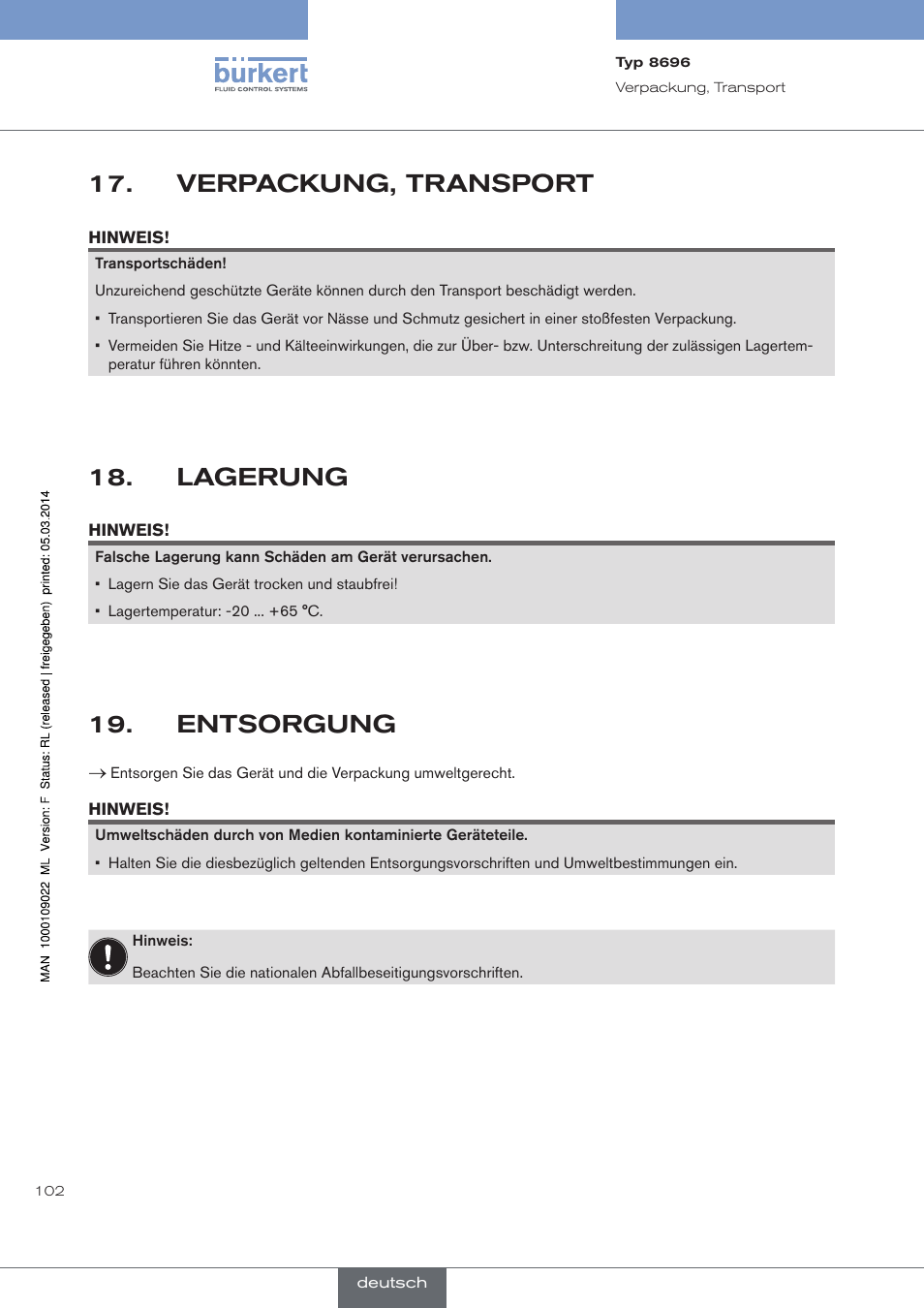 Verpackung, transport, Lagerung, Entsorgung | Burkert Type 8696 User Manual | Page 102 / 154