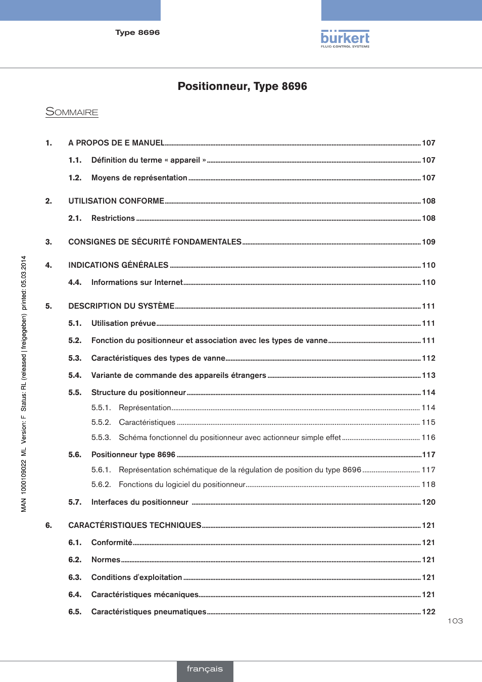 Français, Positionneur, type 8696 | Burkert Type 8696 User Manual | Page 103 / 154