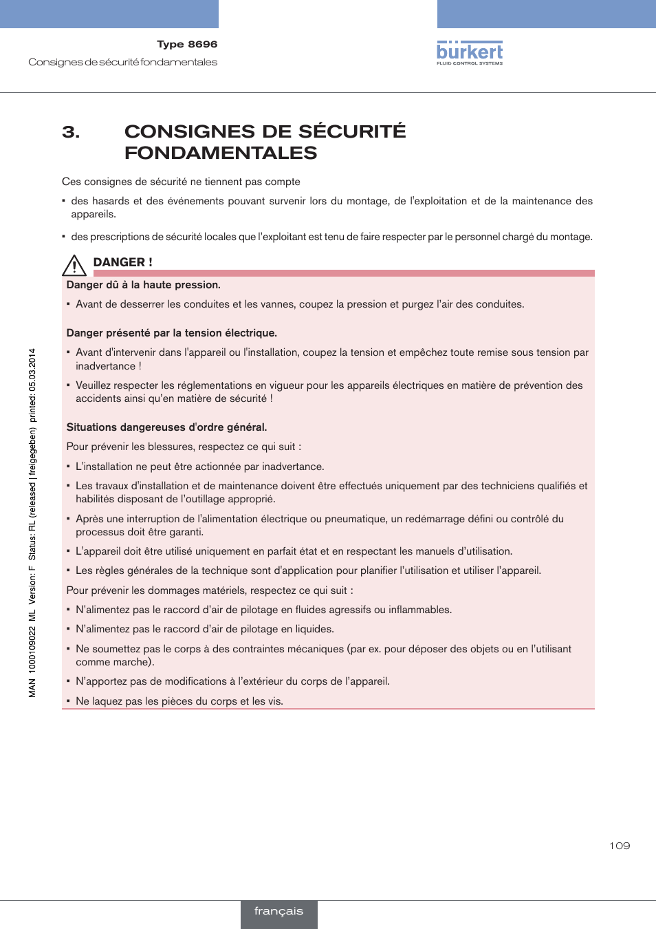 Consignes de sécurité fondamentales | Burkert Type 8696 User Manual | Page 109 / 154