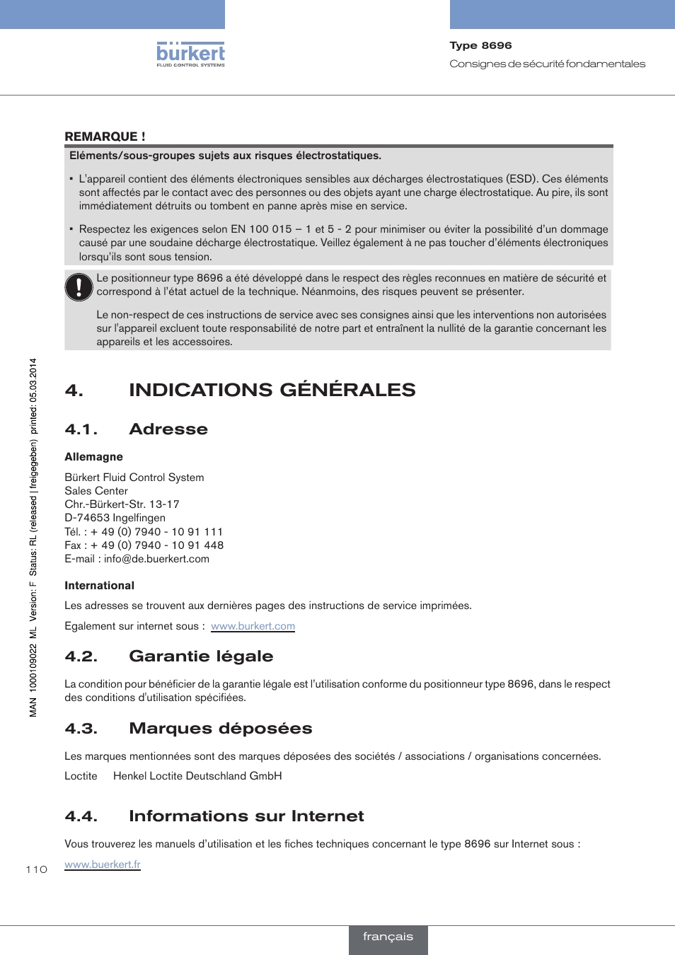 Indications générales, Informations sur internet, Adresse | Garantie légale, Marques déposées | Burkert Type 8696 User Manual | Page 110 / 154