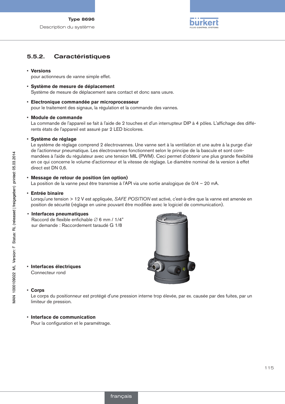 Caractéristiques | Burkert Type 8696 User Manual | Page 115 / 154