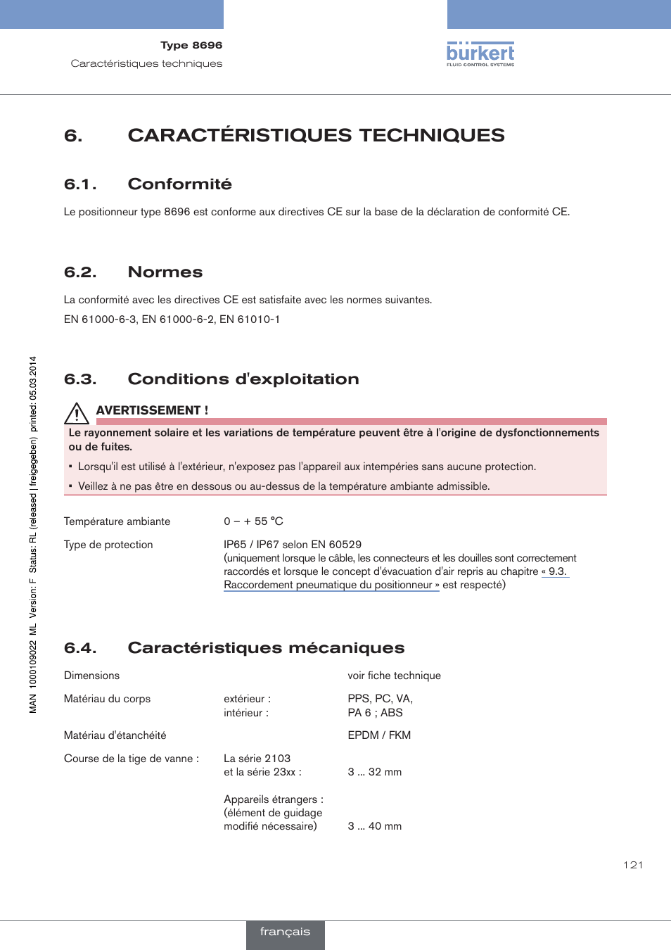 Caractéristiques techniques, Conformité, Normes | Conditions d'exploitation, Caractéristiques mécaniques | Burkert Type 8696 User Manual | Page 121 / 154