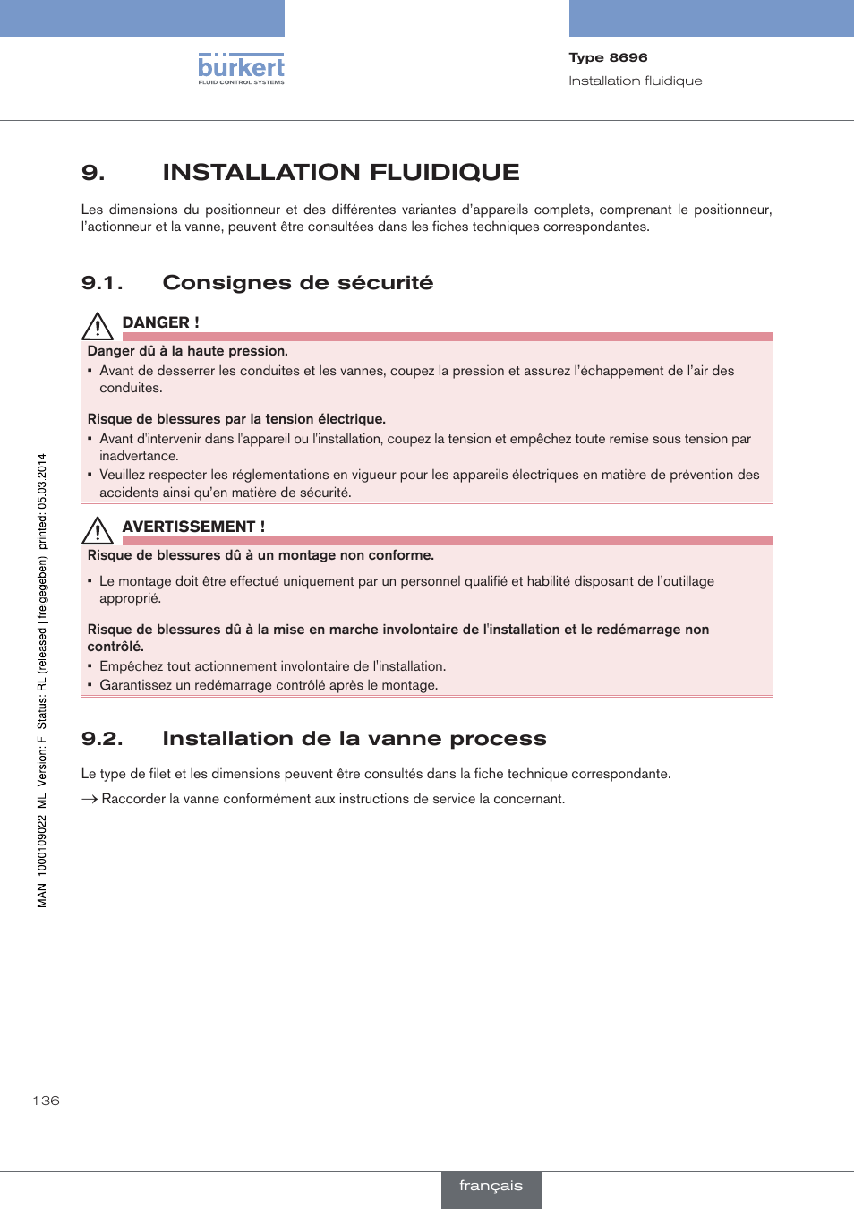 Installation fluidique, Consignes de sécurité, Installation de la vanne process | Burkert Type 8696 User Manual | Page 136 / 154