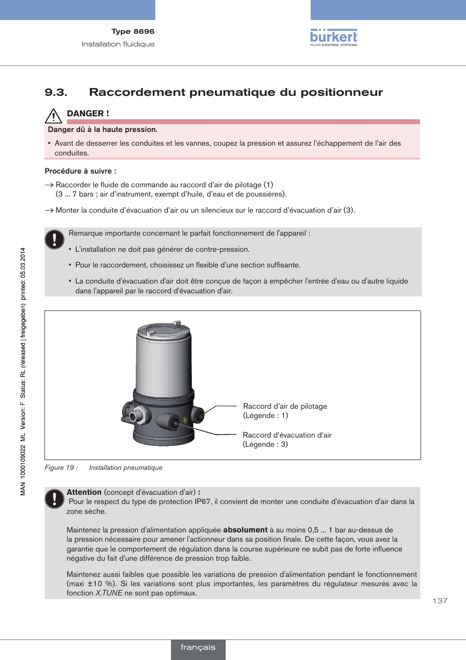 Raccordement pneumatique du positionneur | Burkert Type 8696 User Manual | Page 137 / 154