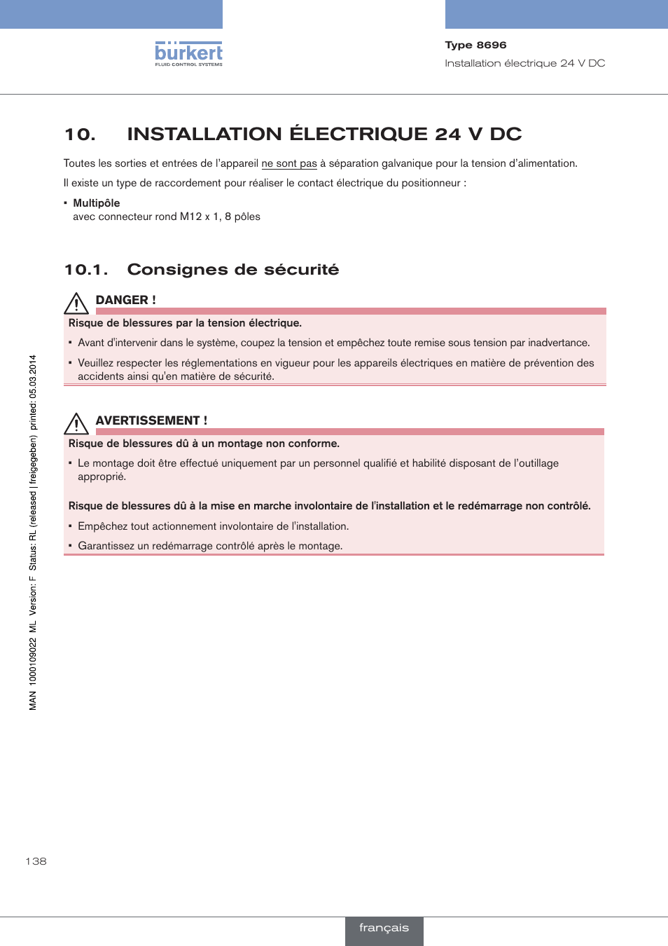Installation électrique 24 v dc, Consignes de sécurité | Burkert Type 8696 User Manual | Page 138 / 154