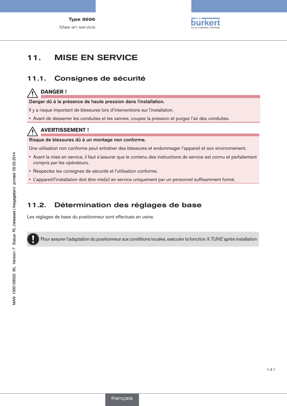 Mise en service, Consignes de sécurité, Détermination des réglages de base | Burkert Type 8696 User Manual | Page 141 / 154