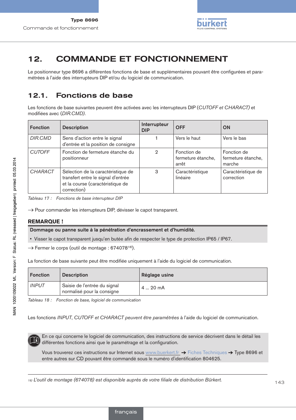 Commande et fonctionnement, Fonctions de base | Burkert Type 8696 User Manual | Page 143 / 154