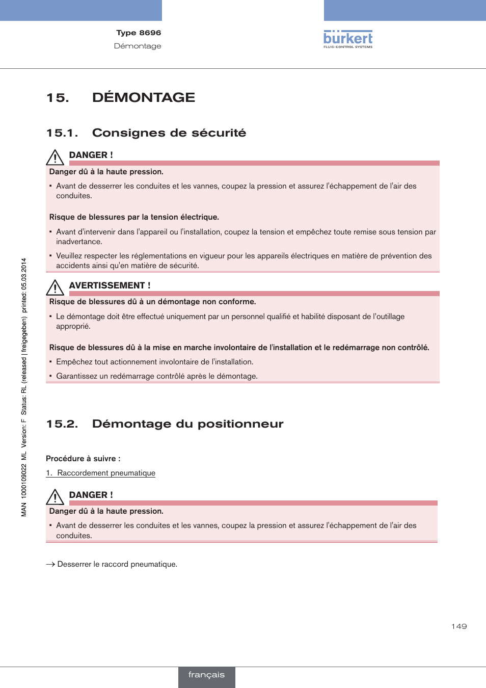 Démontage, Consignes de sécurité, Démontage du positionneur | Burkert Type 8696 User Manual | Page 149 / 154