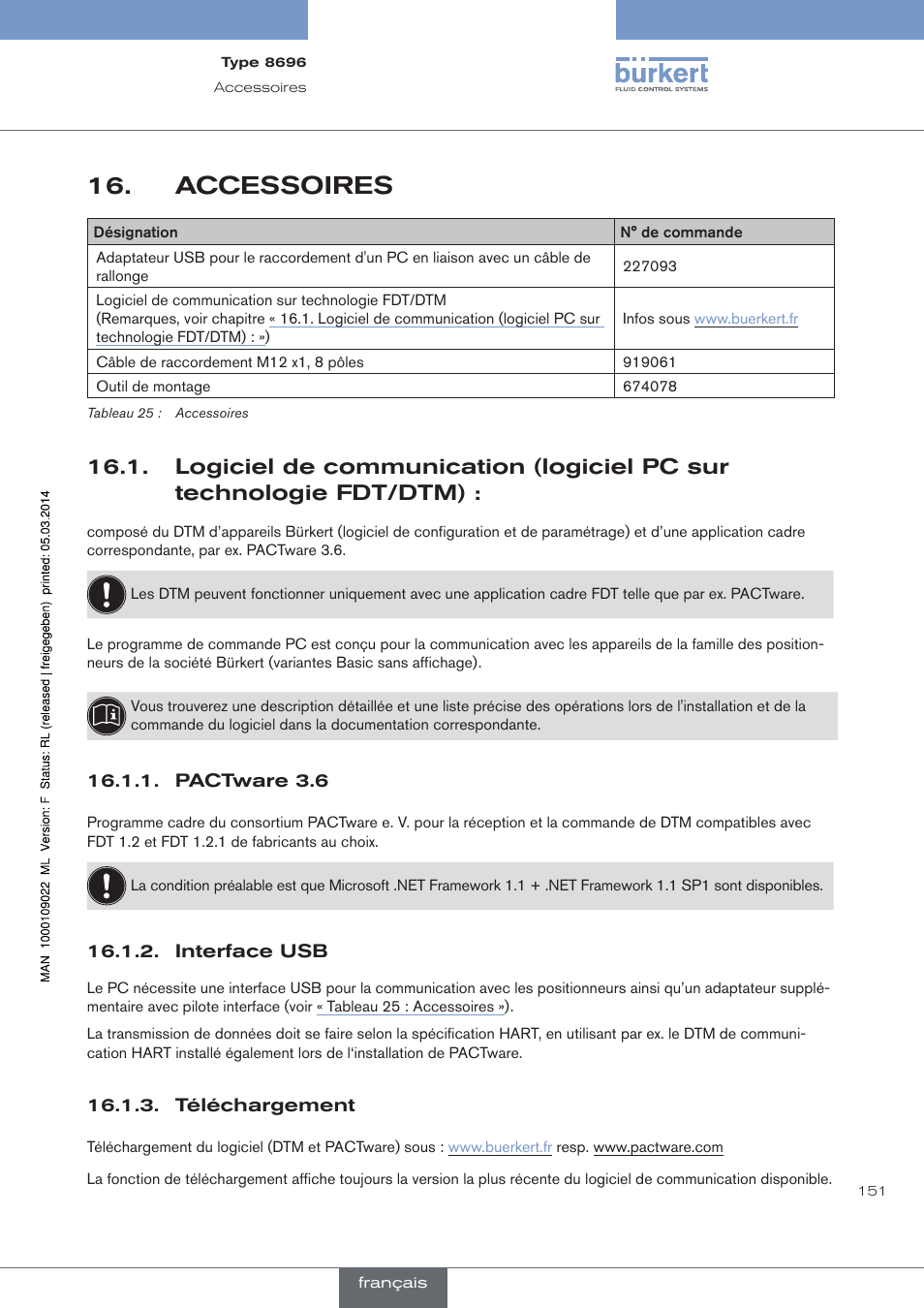 Accessoires, Pactware 3.6, Interface usb | Téléchargement | Burkert Type 8696 User Manual | Page 151 / 154