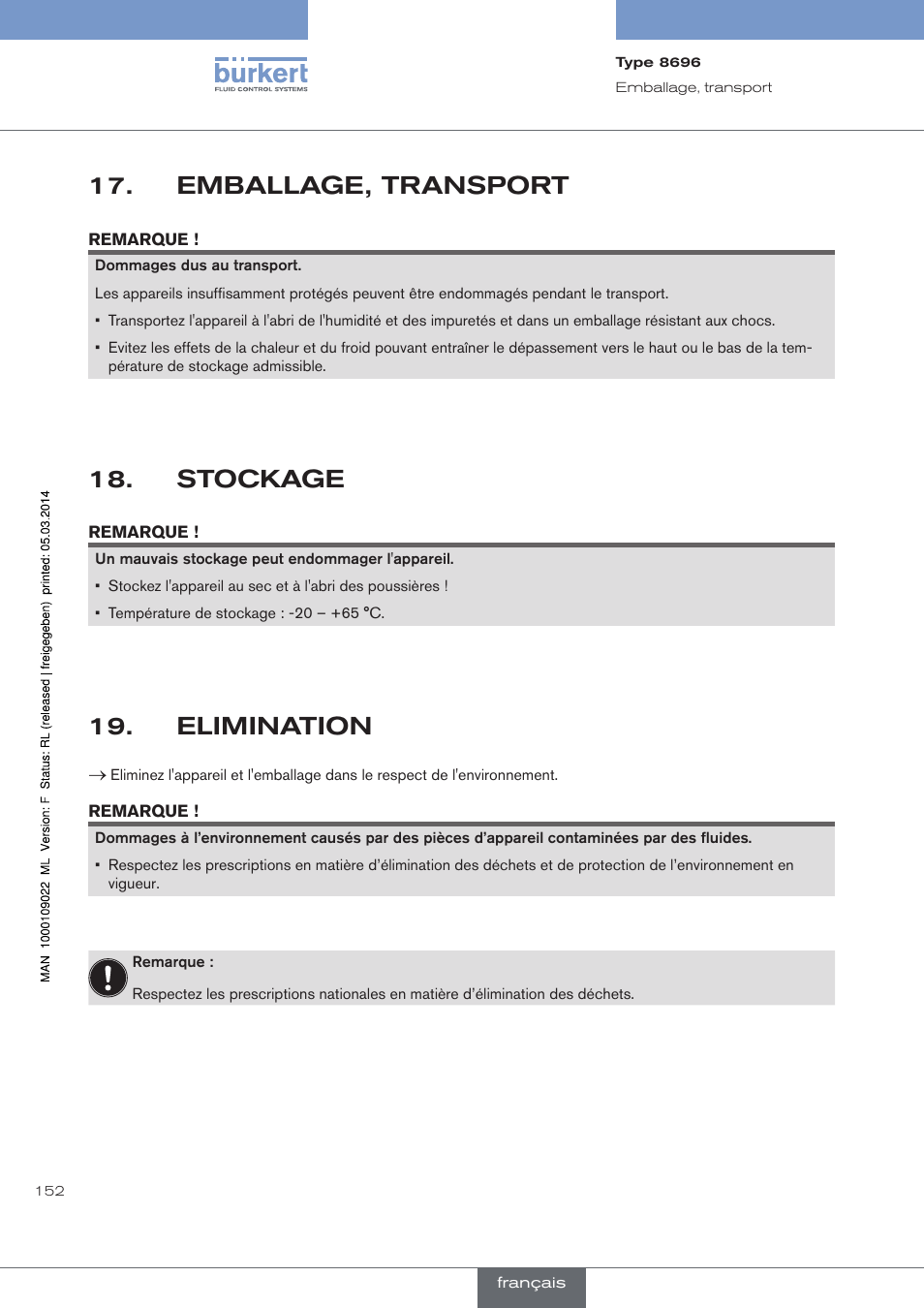Emballage, transport, Stockage, Elimination | Burkert Type 8696 User Manual | Page 152 / 154