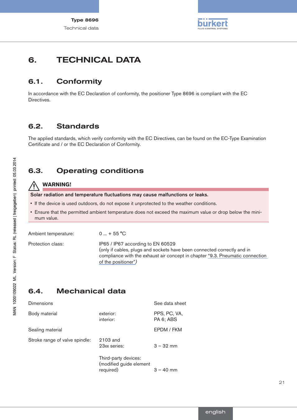 Technical data, Conformity, Standards | Operating conditions, Mechanical data | Burkert Type 8696 User Manual | Page 21 / 154