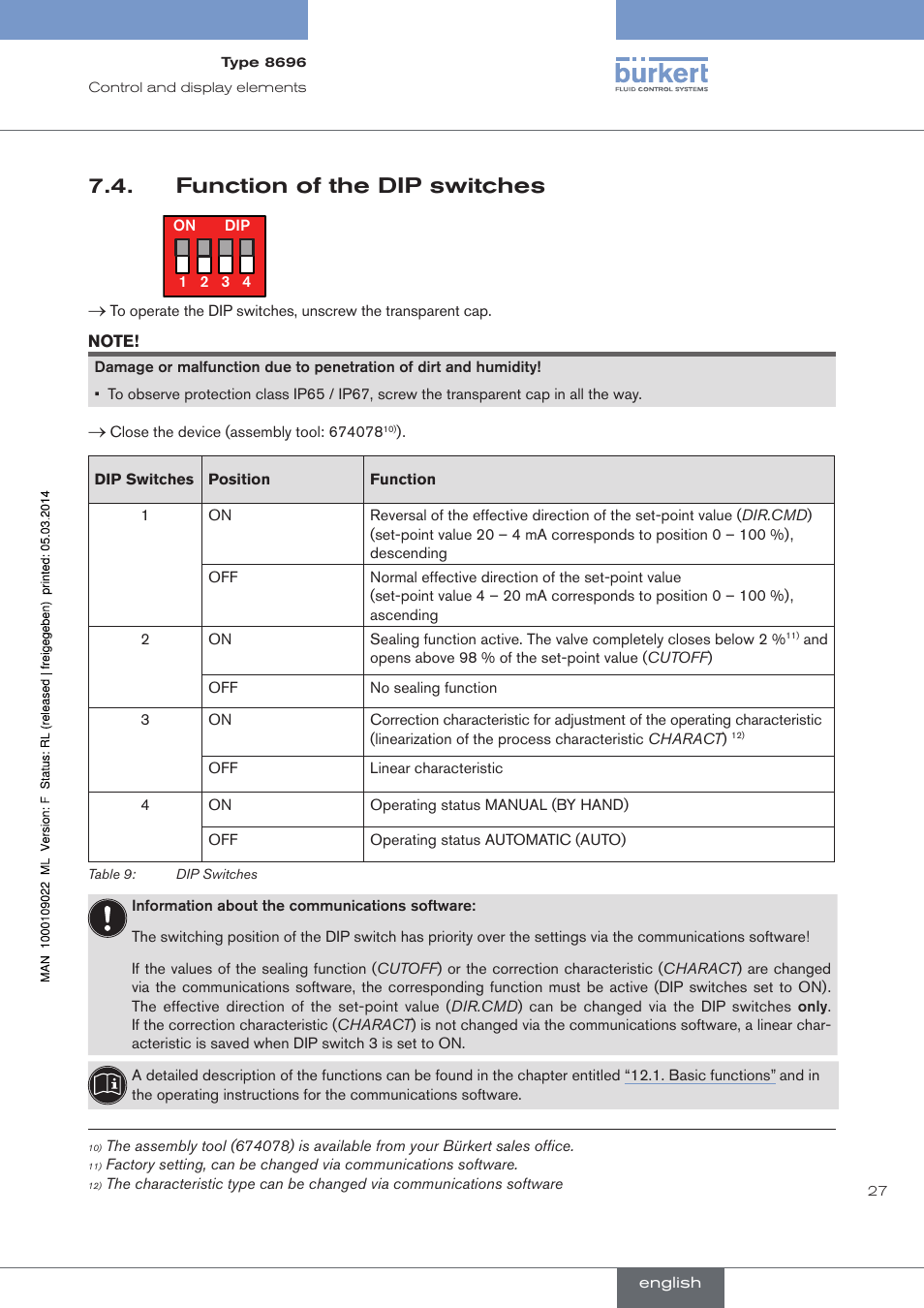 Function of the dip switches | Burkert Type 8696 User Manual | Page 27 / 154