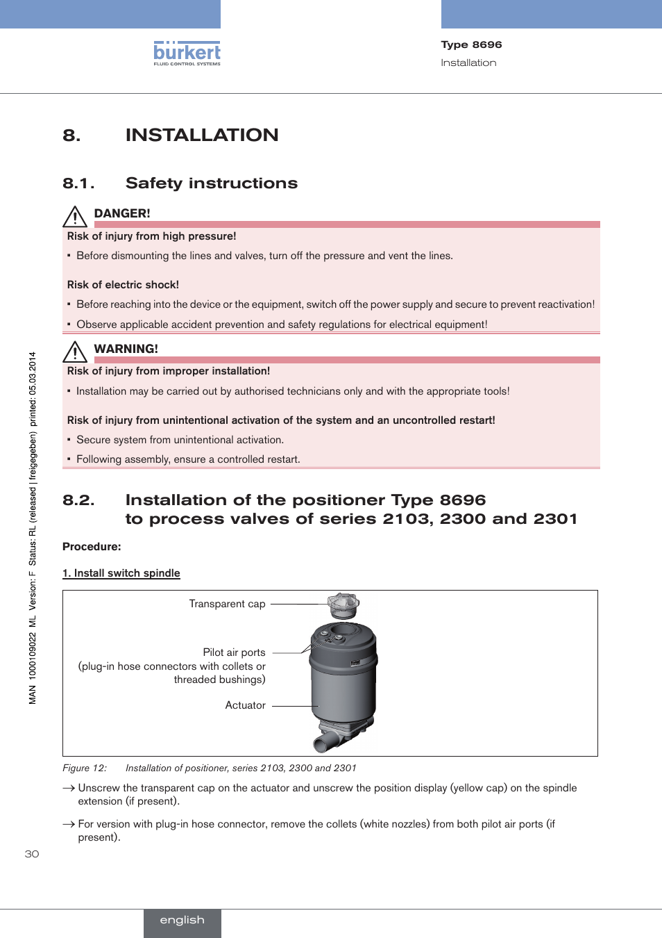 Installation, Safety instructions | Burkert Type 8696 User Manual | Page 30 / 154