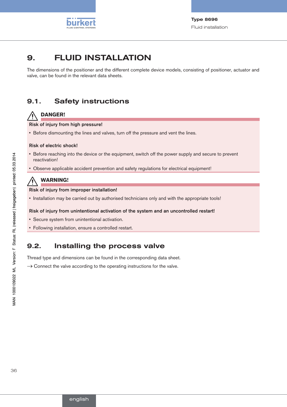 Fluid installation, Safety instructions, Installing the process valve | Burkert Type 8696 User Manual | Page 36 / 154