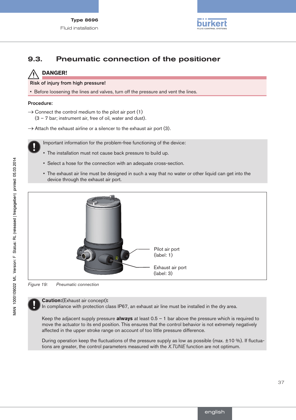 Pneumatic connection of the positioner | Burkert Type 8696 User Manual | Page 37 / 154
