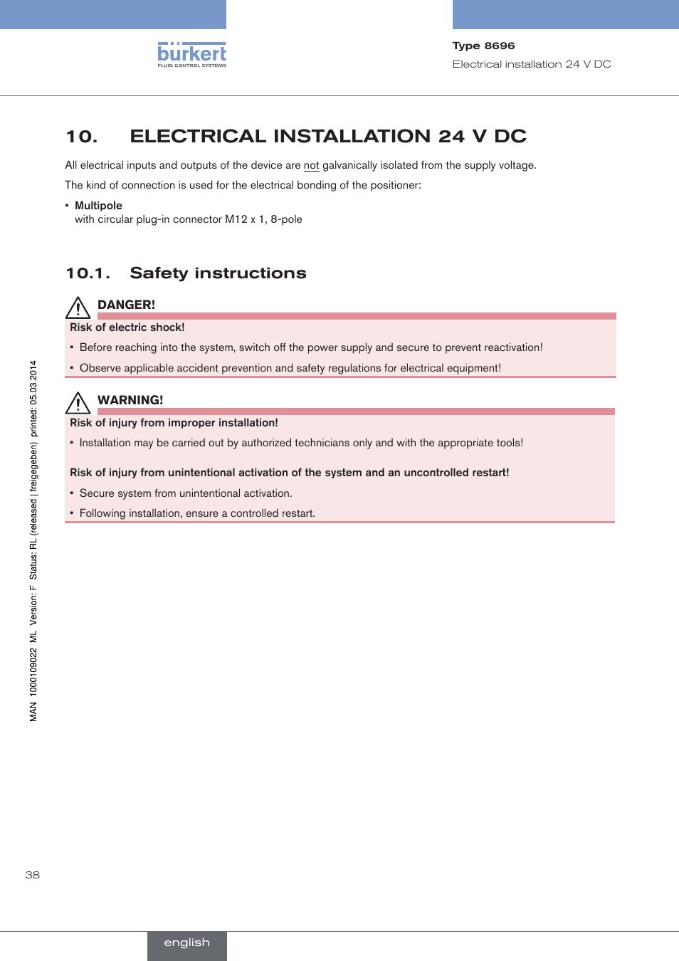 Electrical installation 24 v dc, Safety instructions | Burkert Type 8696 User Manual | Page 38 / 154