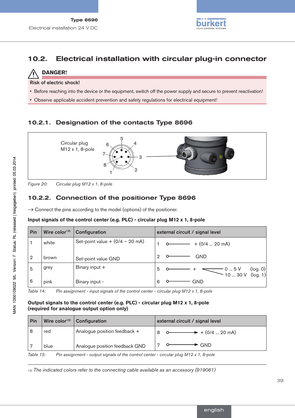 Designation of the contacts type 8696, Connection of the positioner type 8696 | Burkert Type 8696 User Manual | Page 39 / 154