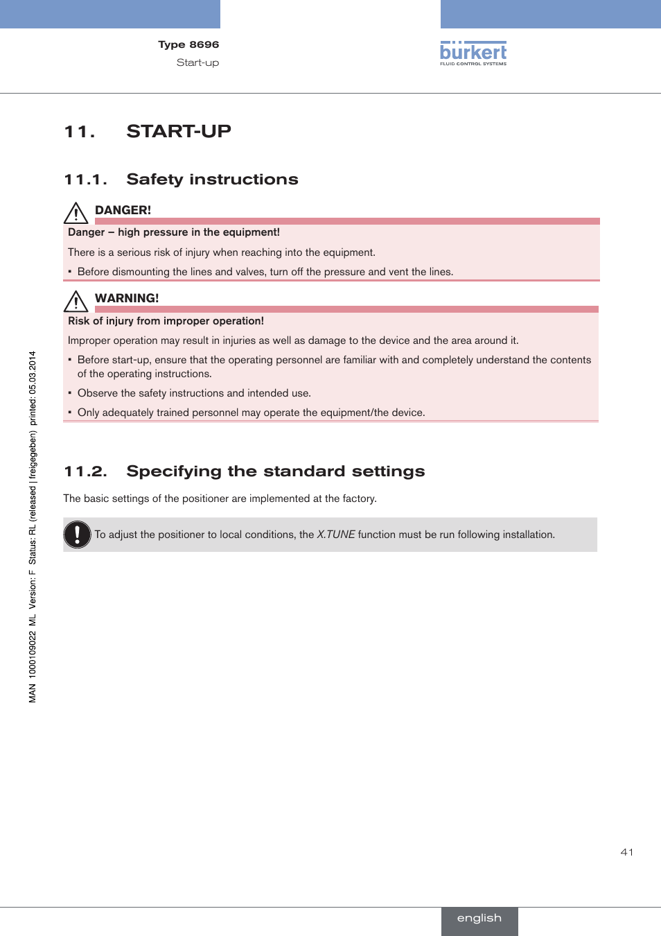 Start-up, Safety instructions, Specifying the standard settings | Burkert Type 8696 User Manual | Page 41 / 154