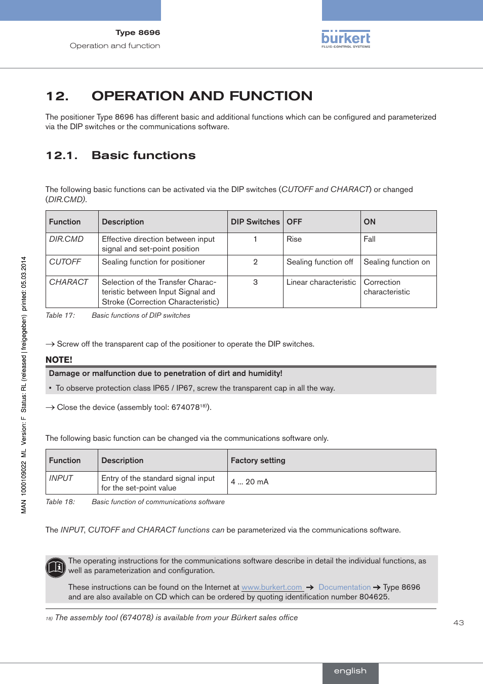 Operation and function, Basic functions | Burkert Type 8696 User Manual | Page 43 / 154