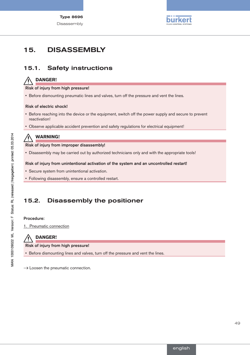 Disassembly, Safety instructions, Disassembly the positioner | Burkert Type 8696 User Manual | Page 49 / 154