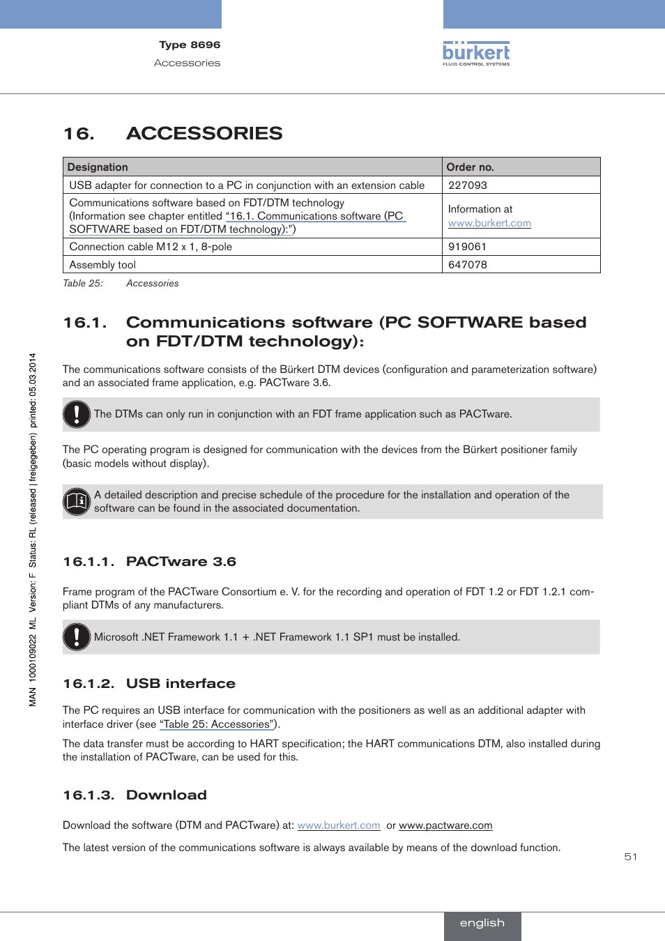 Accessories, Pactware 3.6, Usb interface | Download | Burkert Type 8696 User Manual | Page 51 / 154