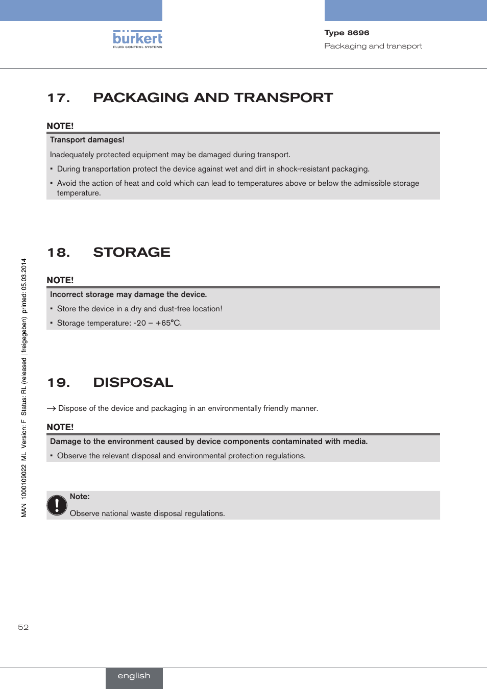 Packaging and transport, Storage, Disposal | Burkert Type 8696 User Manual | Page 52 / 154
