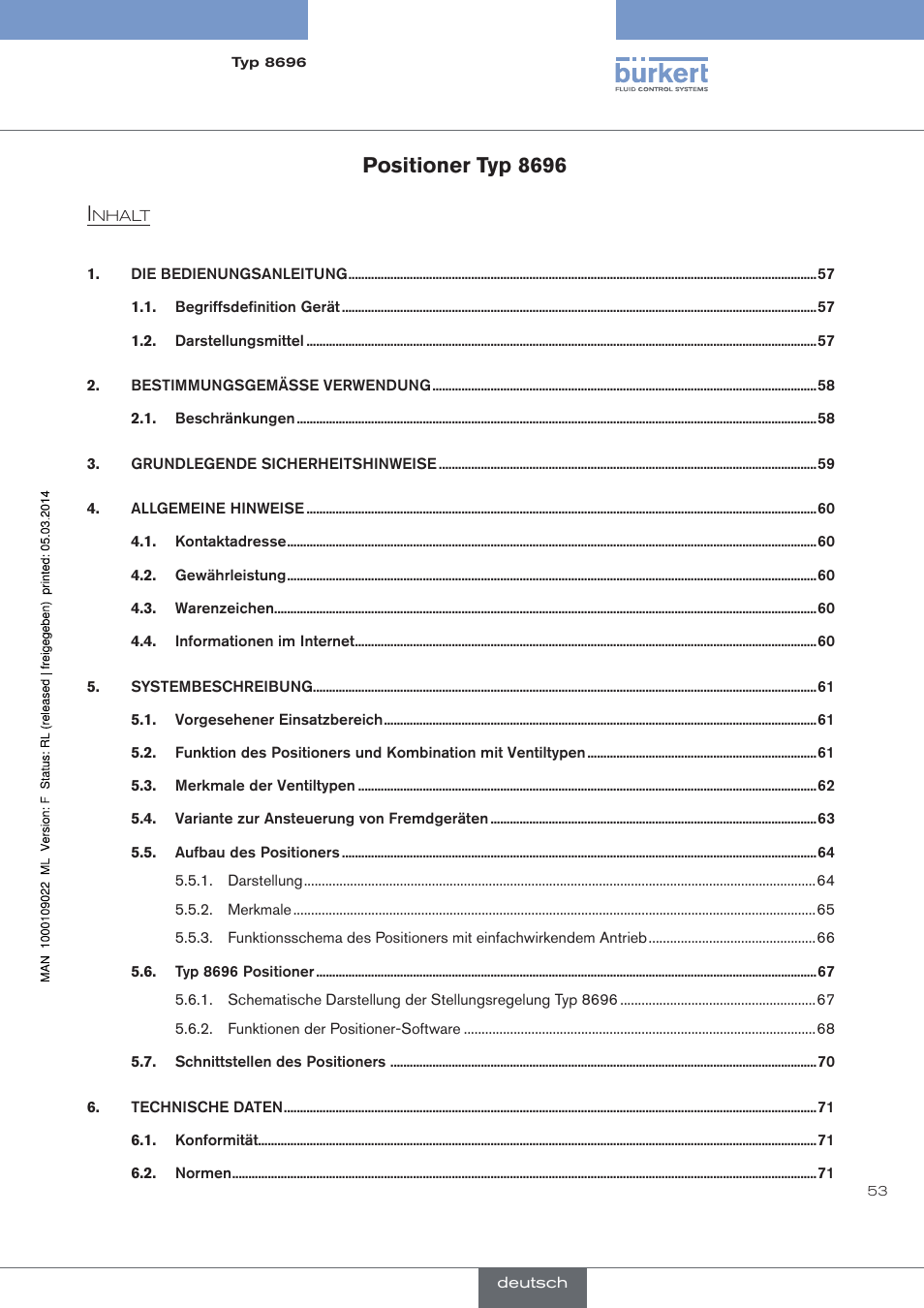 Deutsch, Positioner typ 8696 | Burkert Type 8696 User Manual | Page 53 / 154