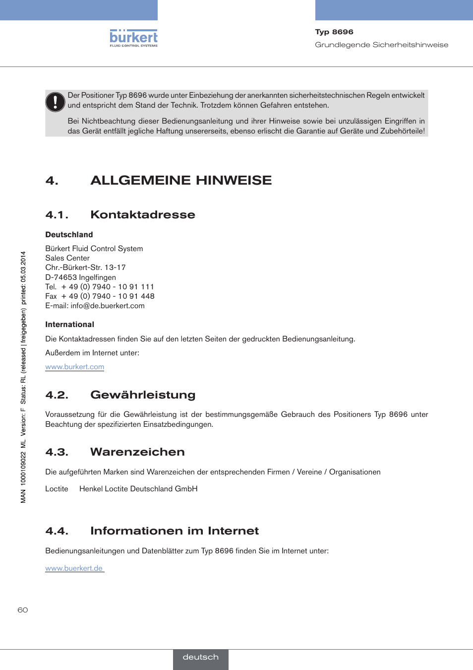 Allgemeine hinweise, Kontaktadresse, Gewährleistung | Warenzeichen, Informationen im internet | Burkert Type 8696 User Manual | Page 60 / 154