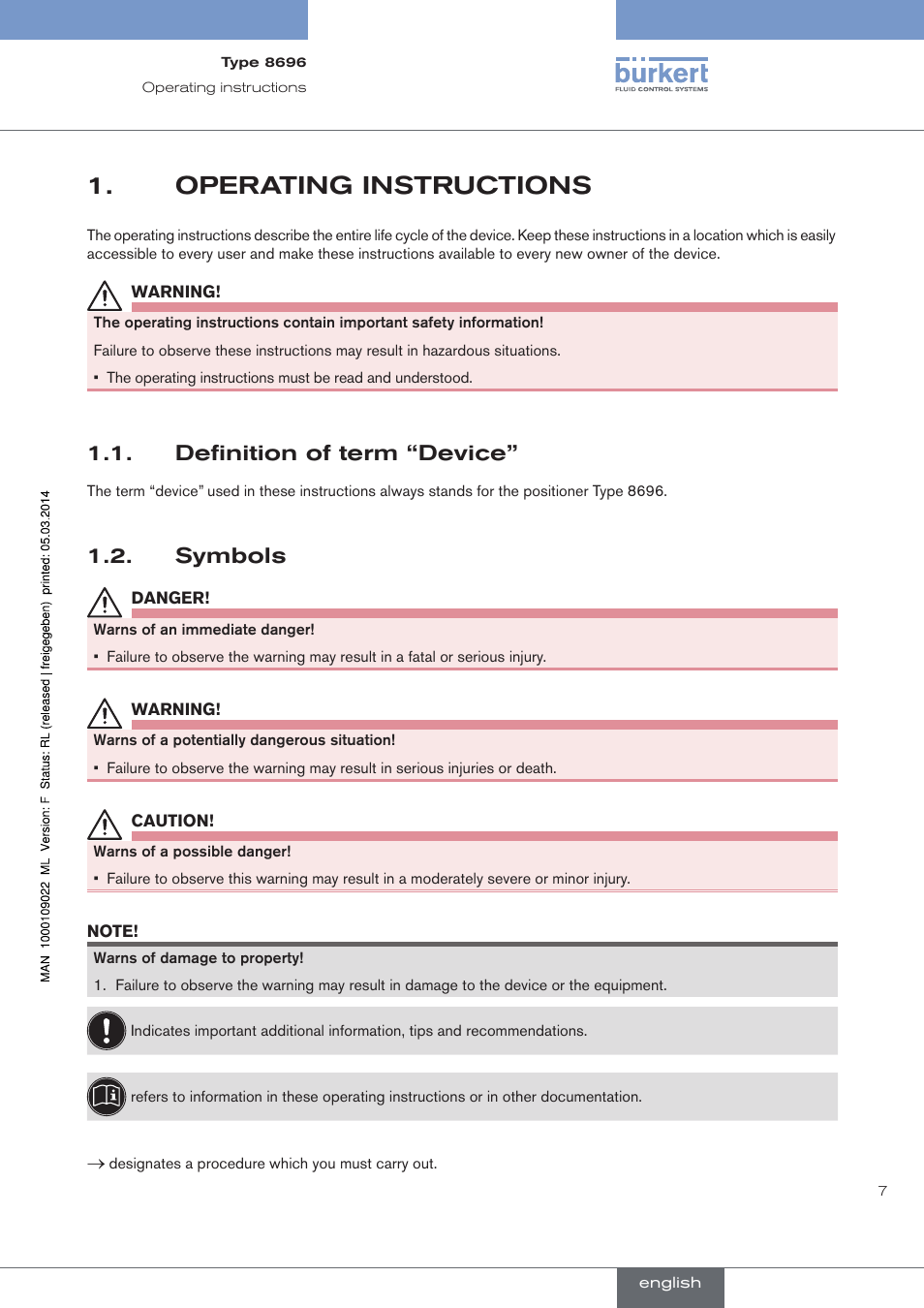 Operating instructions, Definition of term “device, Symbols | Burkert Type 8696 User Manual | Page 7 / 154