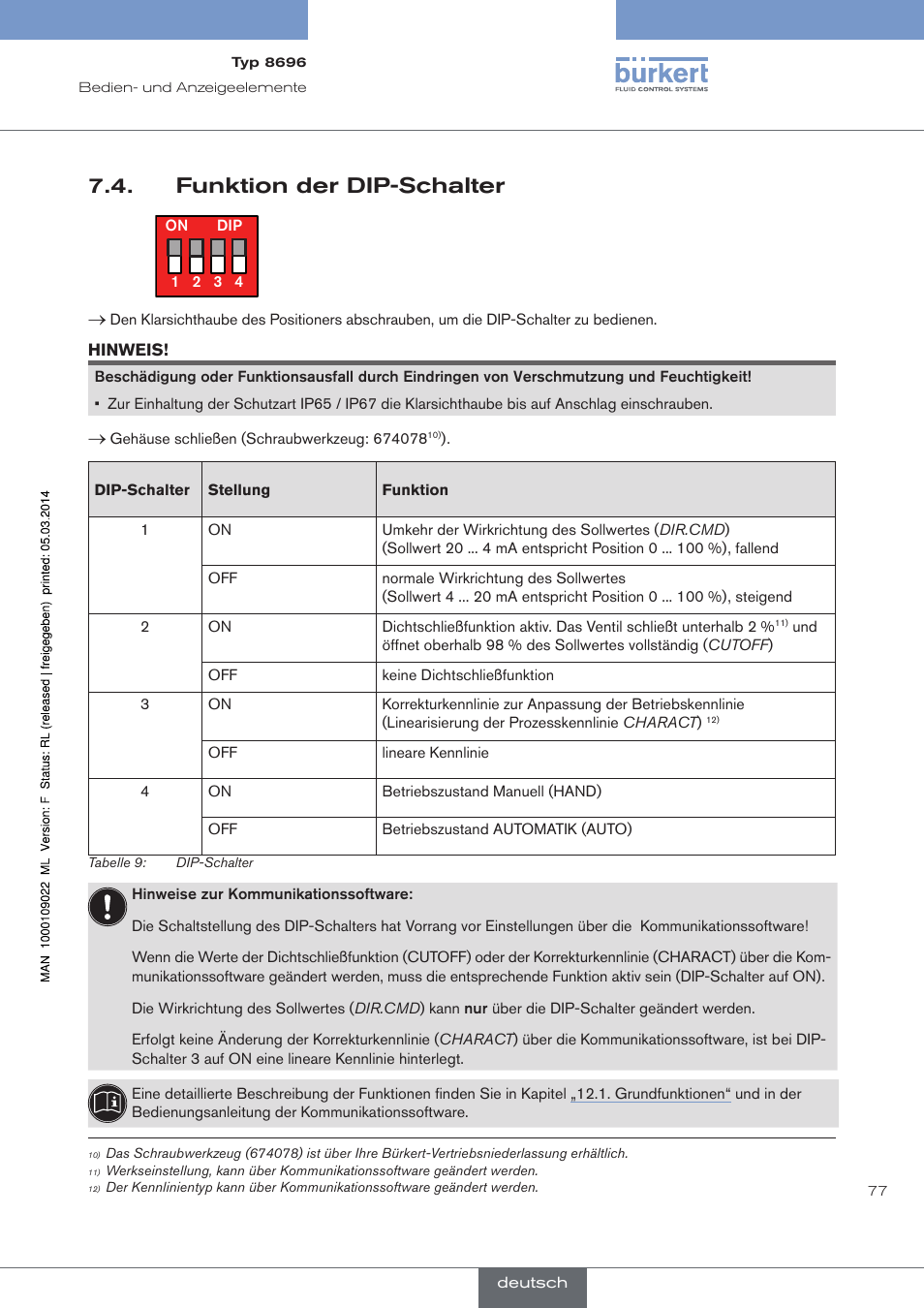Funktion der dip-schalter | Burkert Type 8696 User Manual | Page 77 / 154
