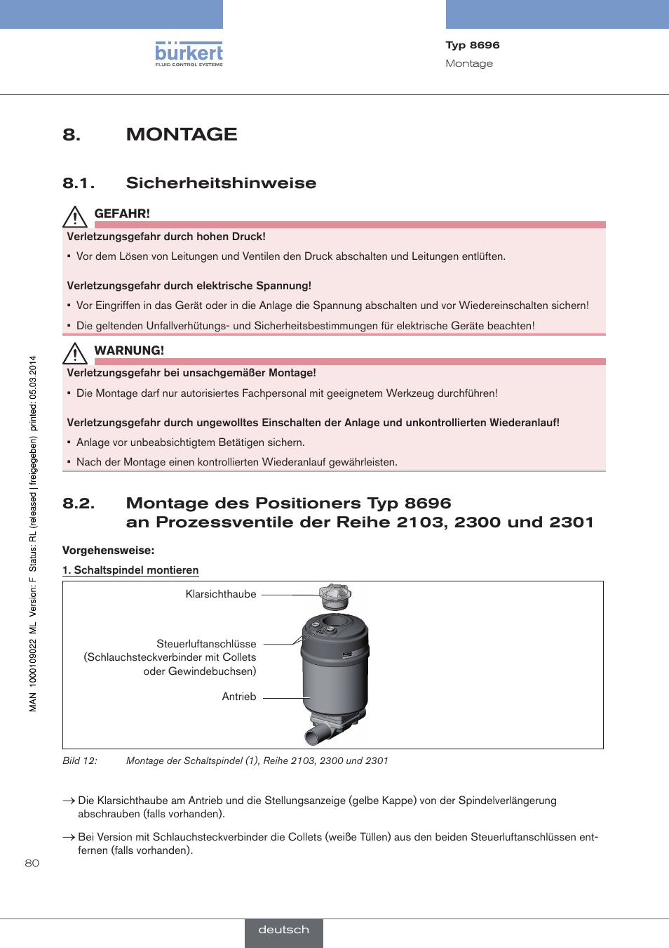 Montage, Sicherheitshinweise | Burkert Type 8696 User Manual | Page 80 / 154