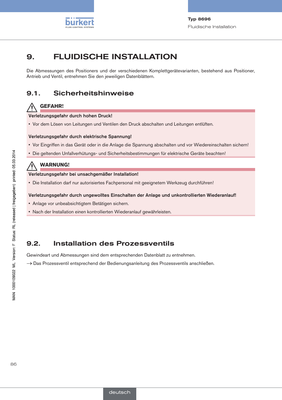 Fluidische installation, Sicherheitshinweise, Installation des prozessventils | Burkert Type 8696 User Manual | Page 86 / 154