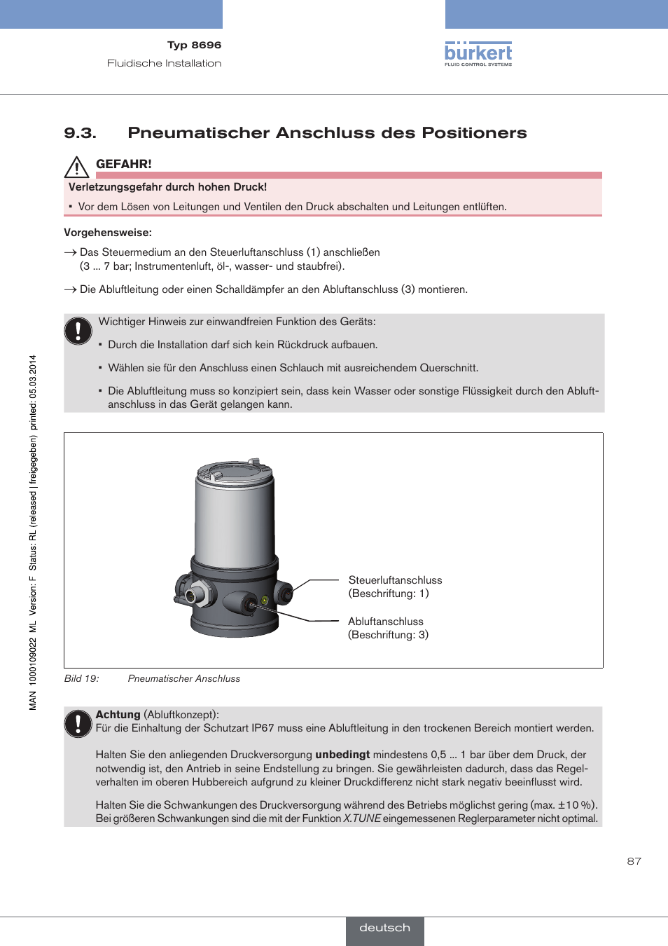 Pneumatischer anschluss des positioners | Burkert Type 8696 User Manual | Page 87 / 154