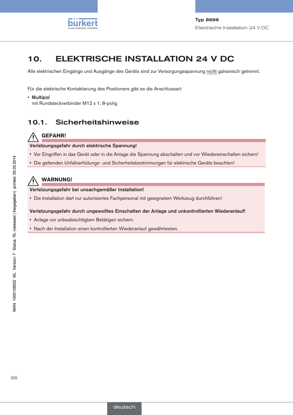 Elektrische installation 24 v dc, Sicherheitshinweise | Burkert Type 8696 User Manual | Page 88 / 154