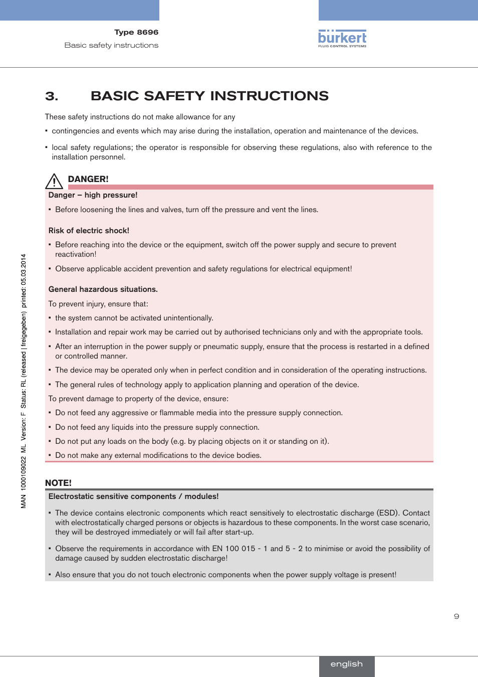 Basic safety instructions | Burkert Type 8696 User Manual | Page 9 / 154