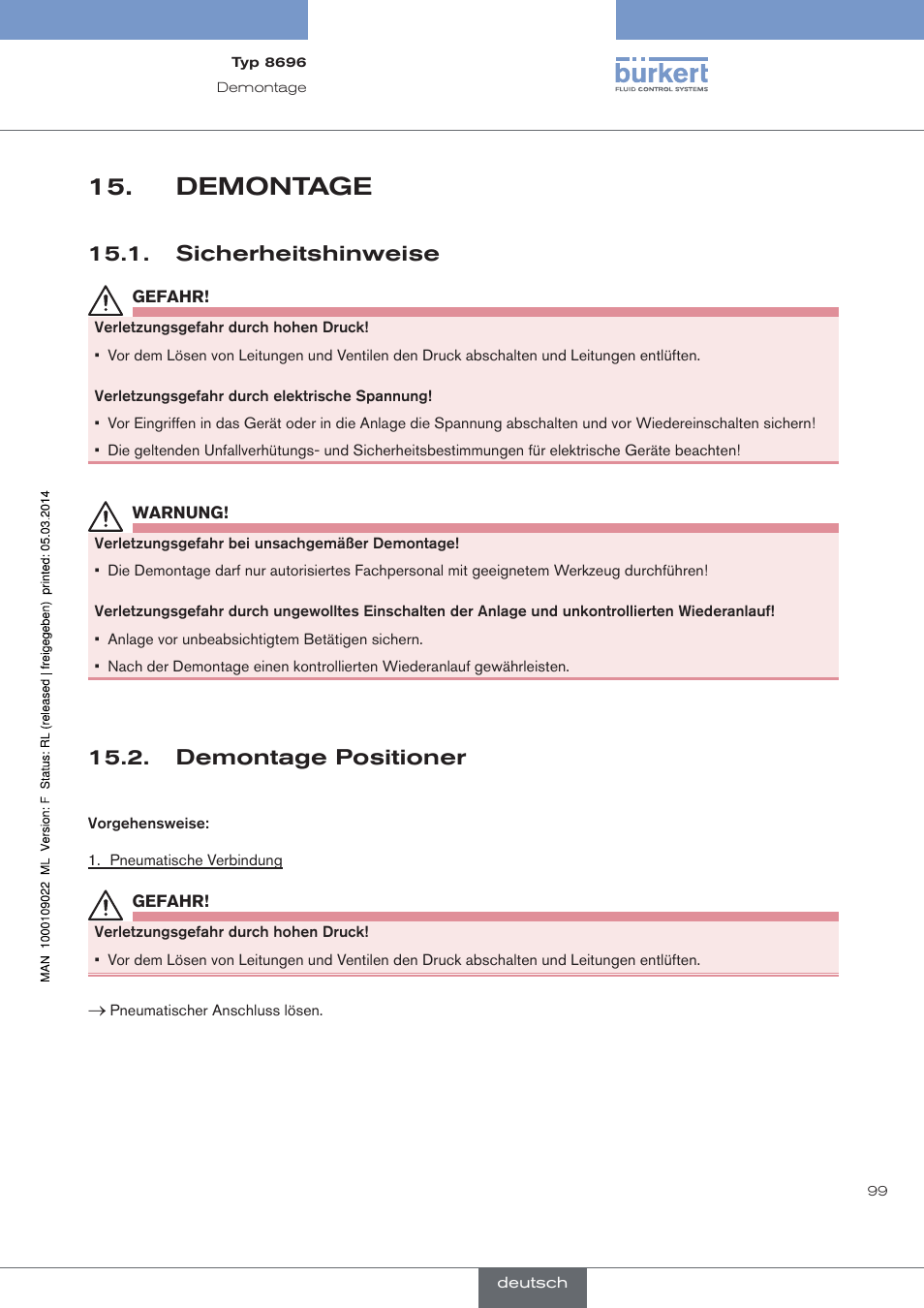Demontage, Sicherheitshinweise, Demontage positioner | Burkert Type 8696 User Manual | Page 99 / 154