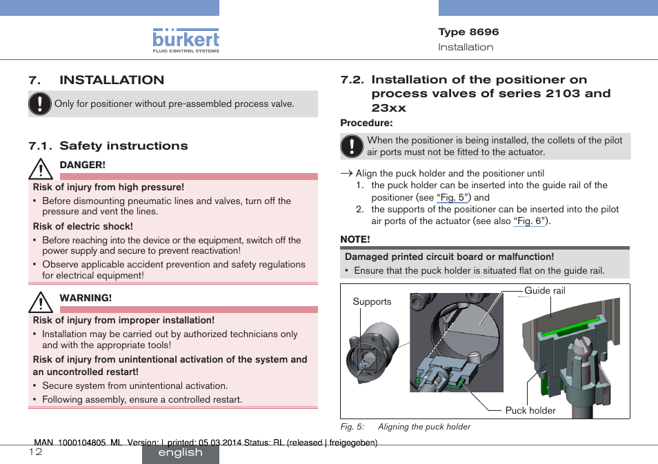 Installation, Series 2103 and 23xx | Burkert Type 8696 User Manual | Page 12 / 64