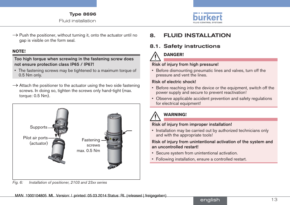 Fluid installation, Safety instructions | Burkert Type 8696 User Manual | Page 13 / 64
