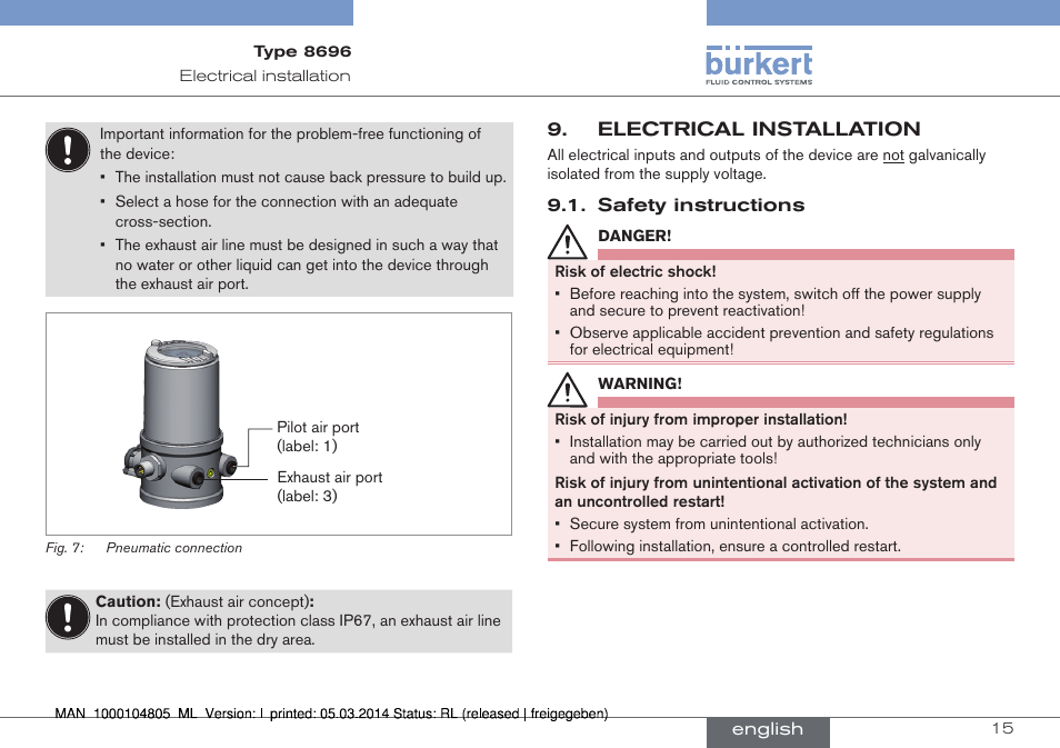 Electrical installation, Safety instructions | Burkert Type 8696 User Manual | Page 15 / 64