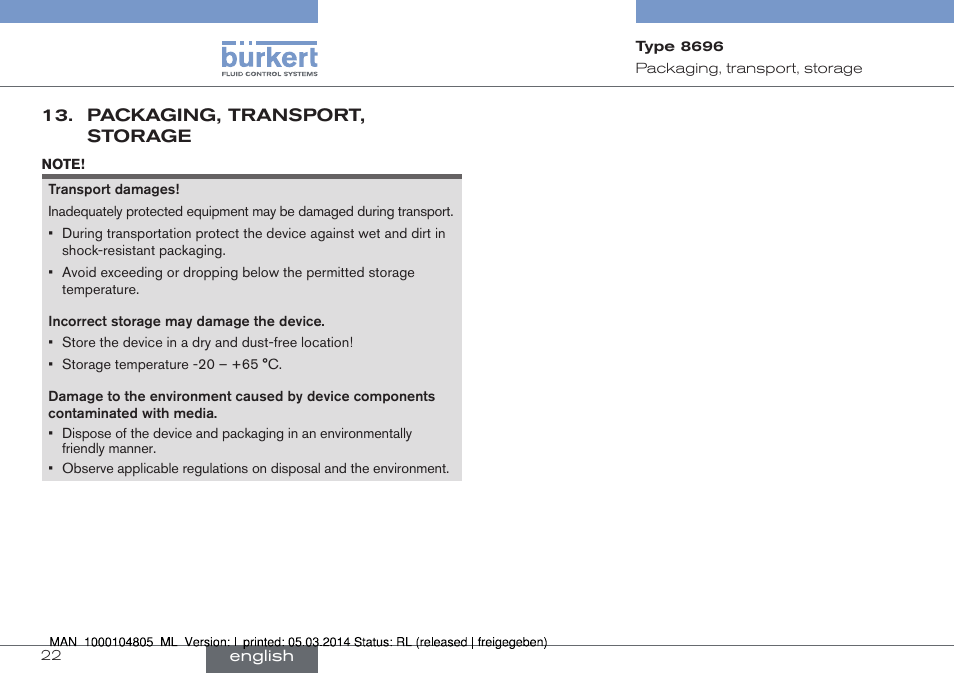 Packaging, transport, storage | Burkert Type 8696 User Manual | Page 22 / 64